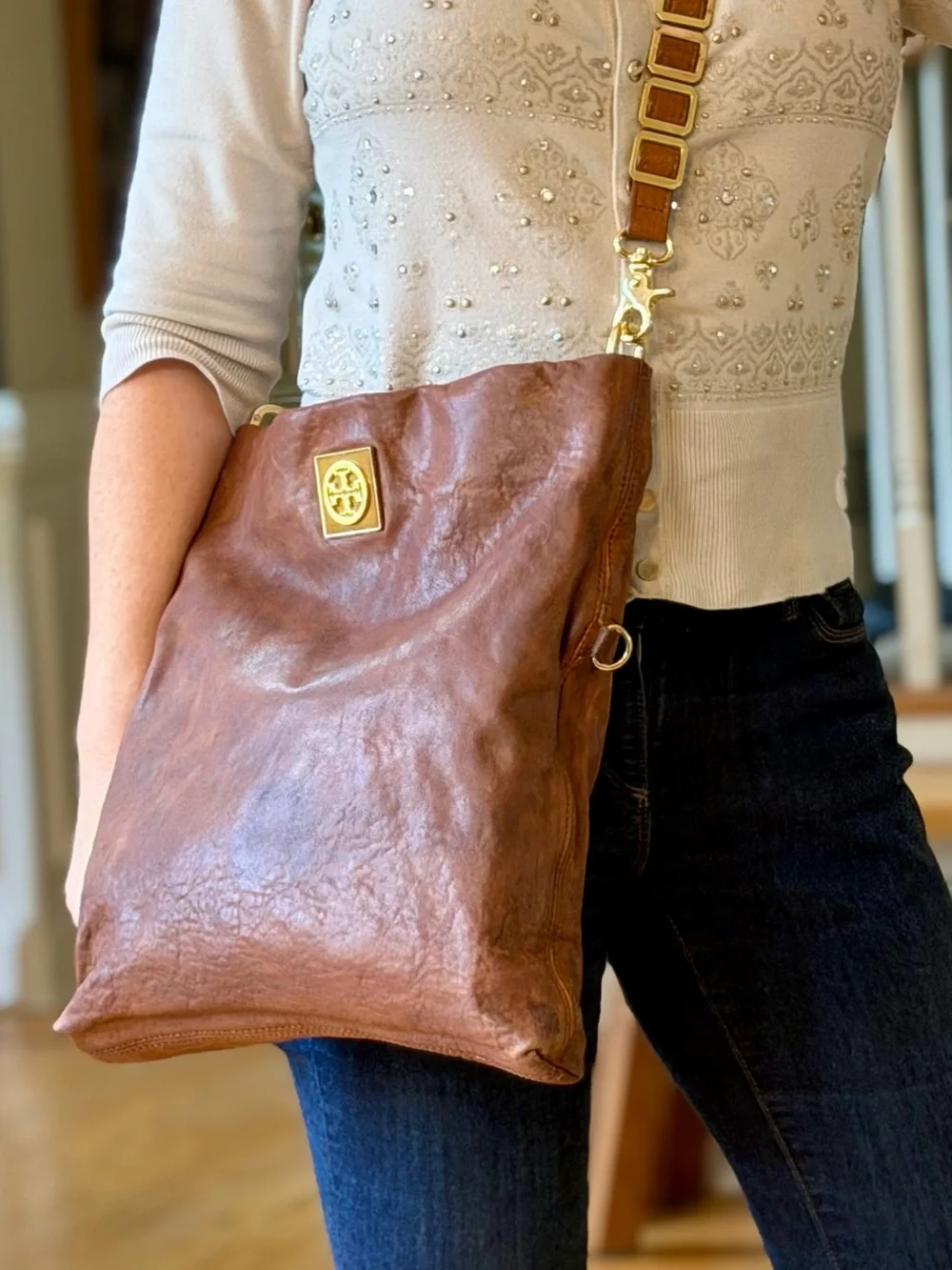 Tory Burch Rare Hard to Find BoHo Louisa Leather Messenger Bag Cognac Brown